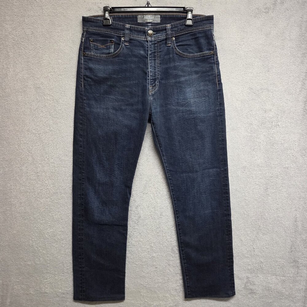 Revtown Automatic Jeans Mens 34X28 Blue Straight Leg Stretch Denim Hemmed